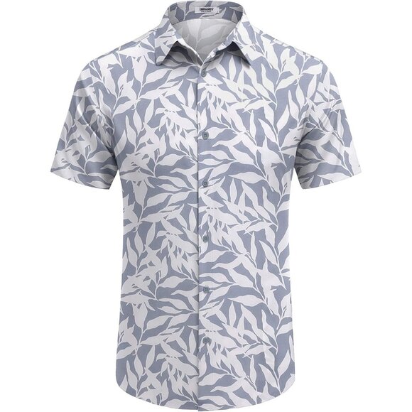 Mens Lite Gray Hawaiian Shirt Short Sleeve Button Down Tropical Floral Beachwear - Picture 6 of 6